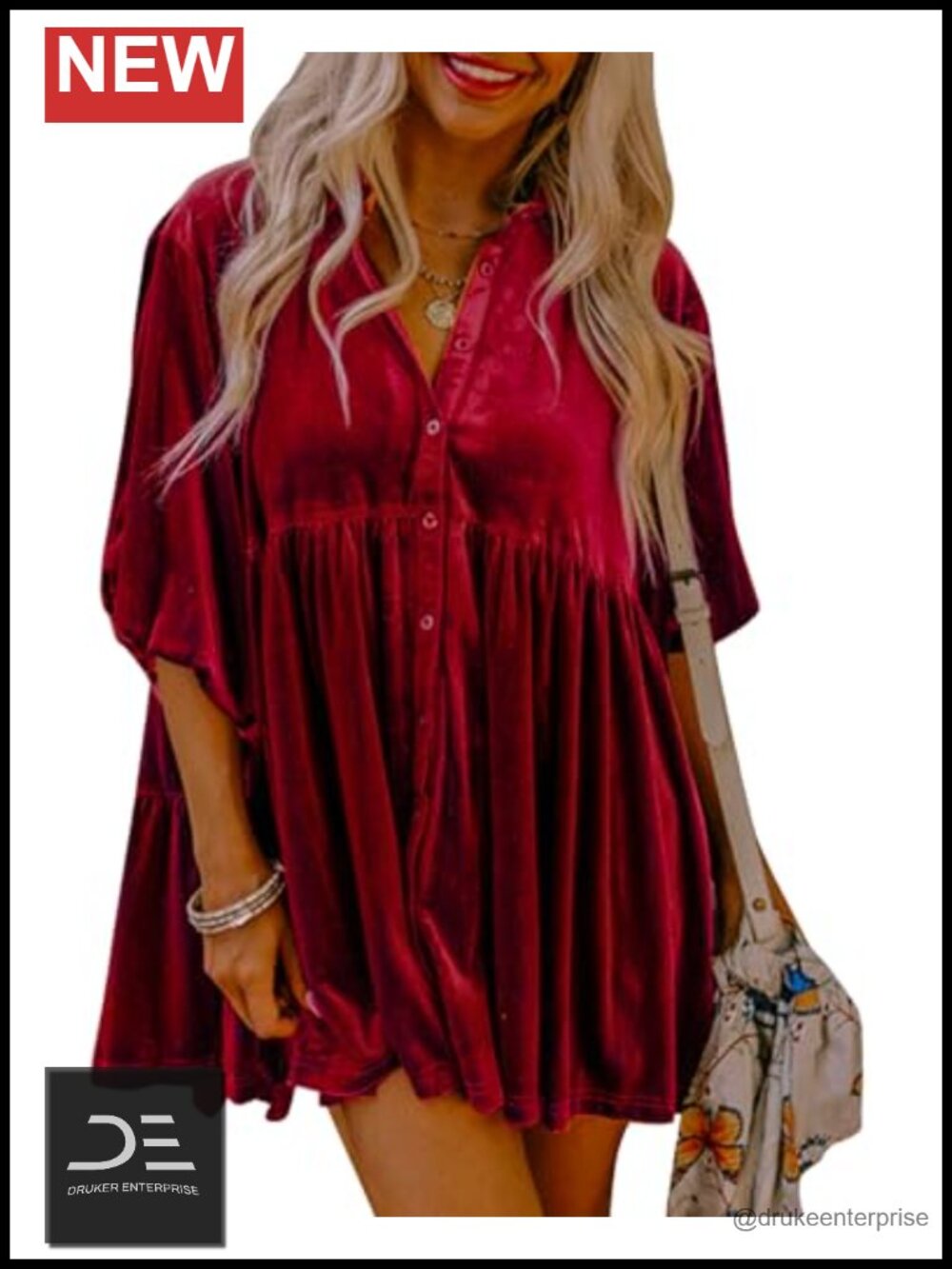 Velvet Button Down Babydoll Mini Dress 3/4 Sleeve